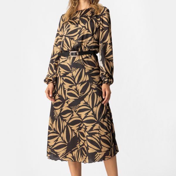 Midi Φόρεμα με Leaf Print & Ζώνη – Earthy Elegance Collection