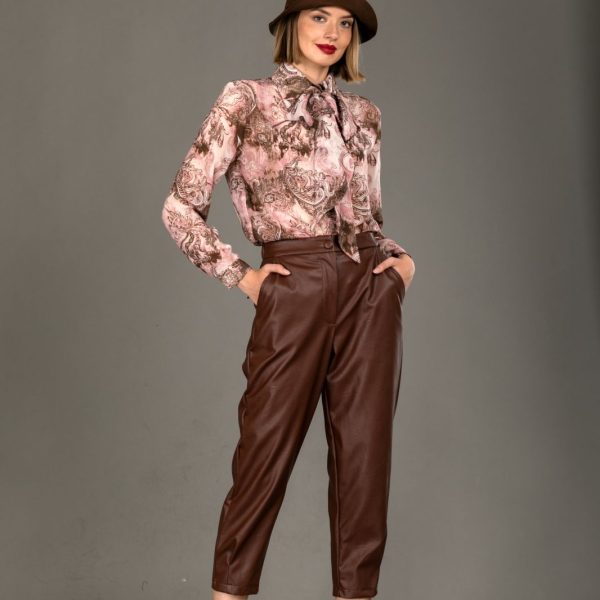 Καφέ Ψηλόμεσο Παντελόνι από Eco Leather – Cropped Chic Fit