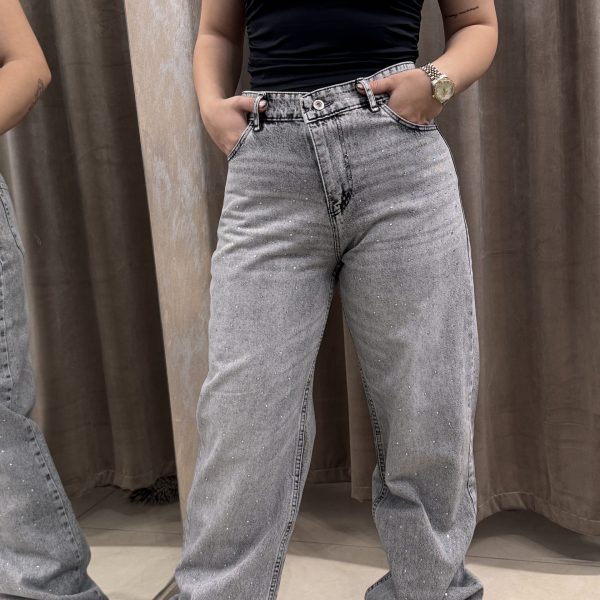 Γκρι Τζιν Παντελόνι με Στρας – Wide Leg