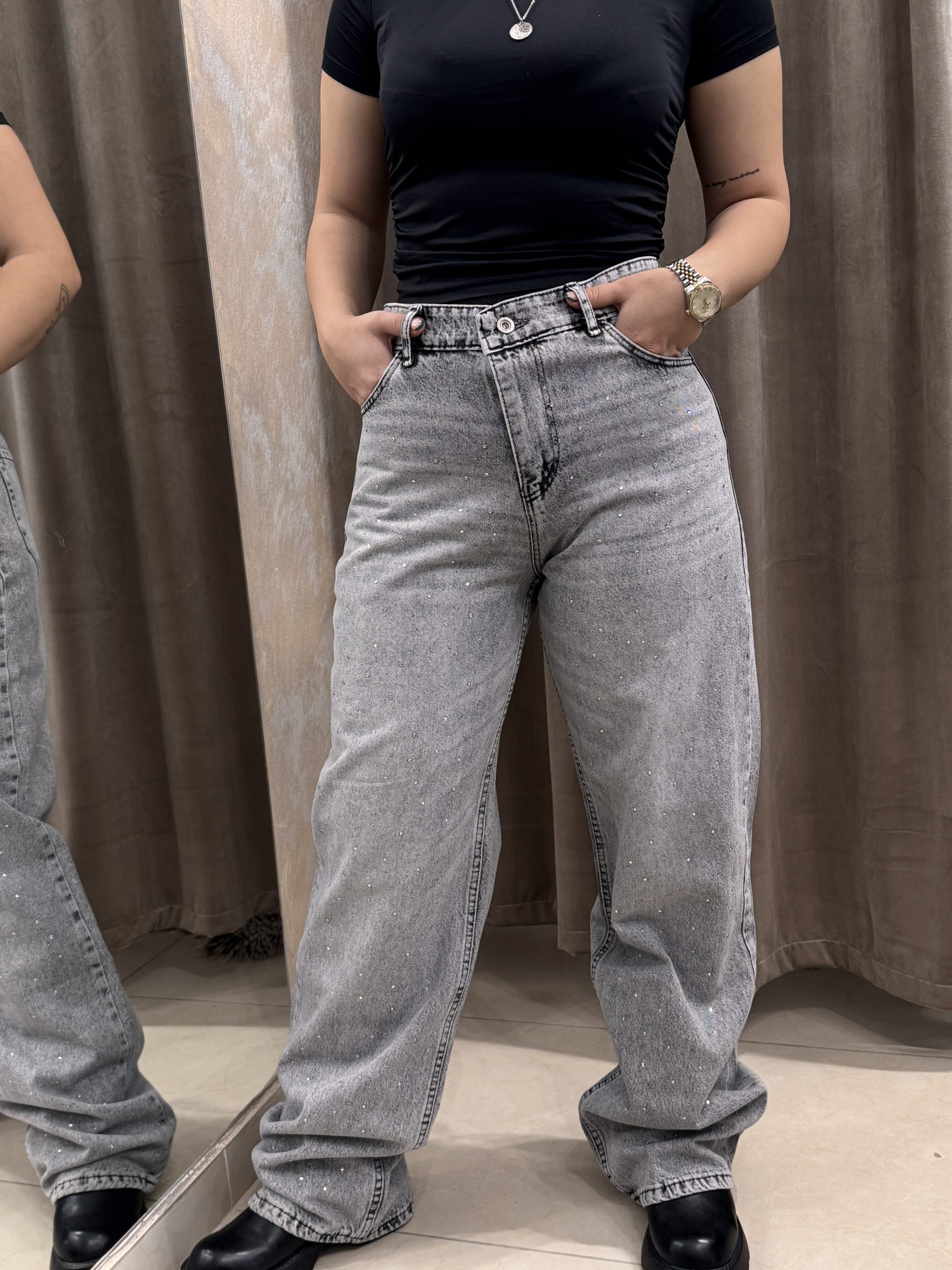Γκρι Τζιν Παντελόνι με Στρας – Wide Leg