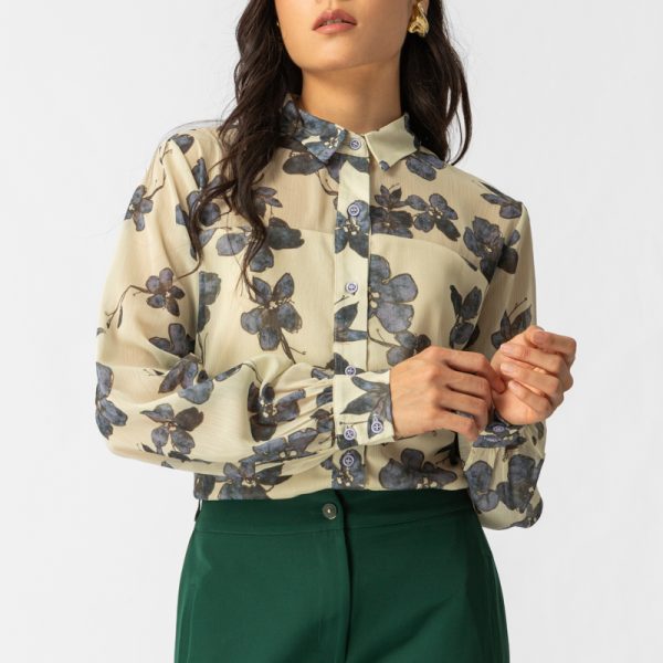 Elegant Floral Πουκάμισο με Γιακά & Διακριτική Διαφάνεια