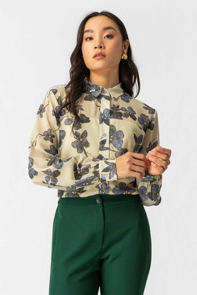 Elegant Floral Πουκάμισο με Γιακά & Διακριτική Διαφάνεια