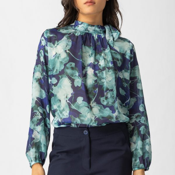 Chic Floral Μπλούζα με Δέσιμο στον Λαιμό