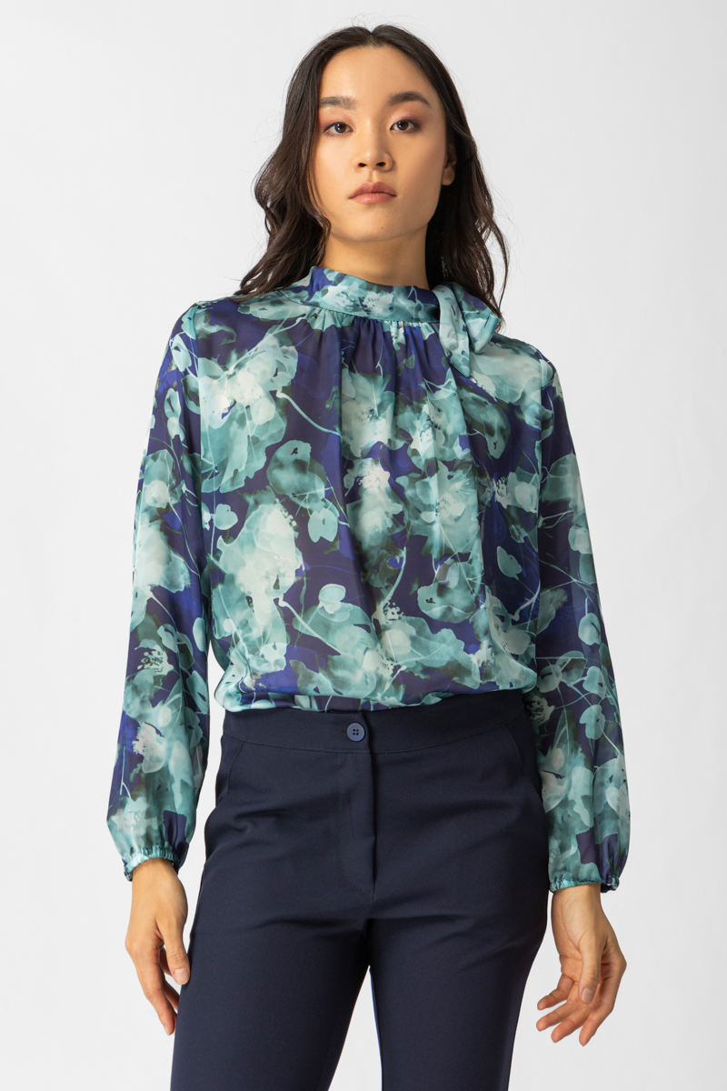 Chic Floral Μπλούζα με Δέσιμο στον Λαιμό