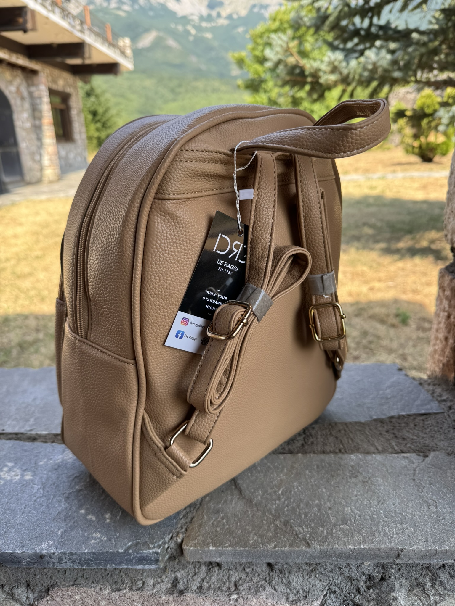 Δίχρωμο Backpack Ταμπά–Λευκό με Χρυσές Λεπτομέρειες - Image 3