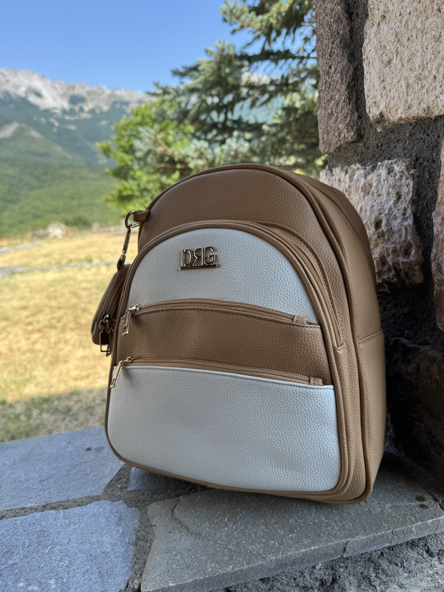 Δίχρωμο Backpack Ταμπά–Λευκό με Χρυσές Λεπτομέρειες