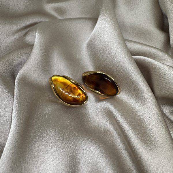 Oval Amber Glow Ατσάλινα Σκουλαρίκια με Χρυσό Πλαίσιο