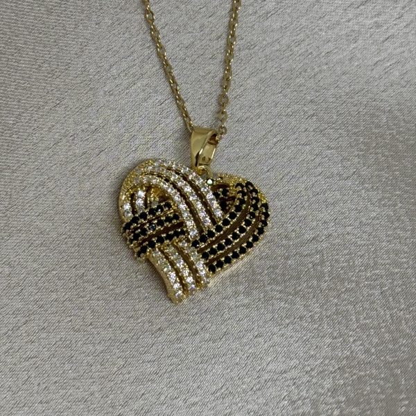 Golden Black Crystal Heart Ατσάλινο Κολιέ