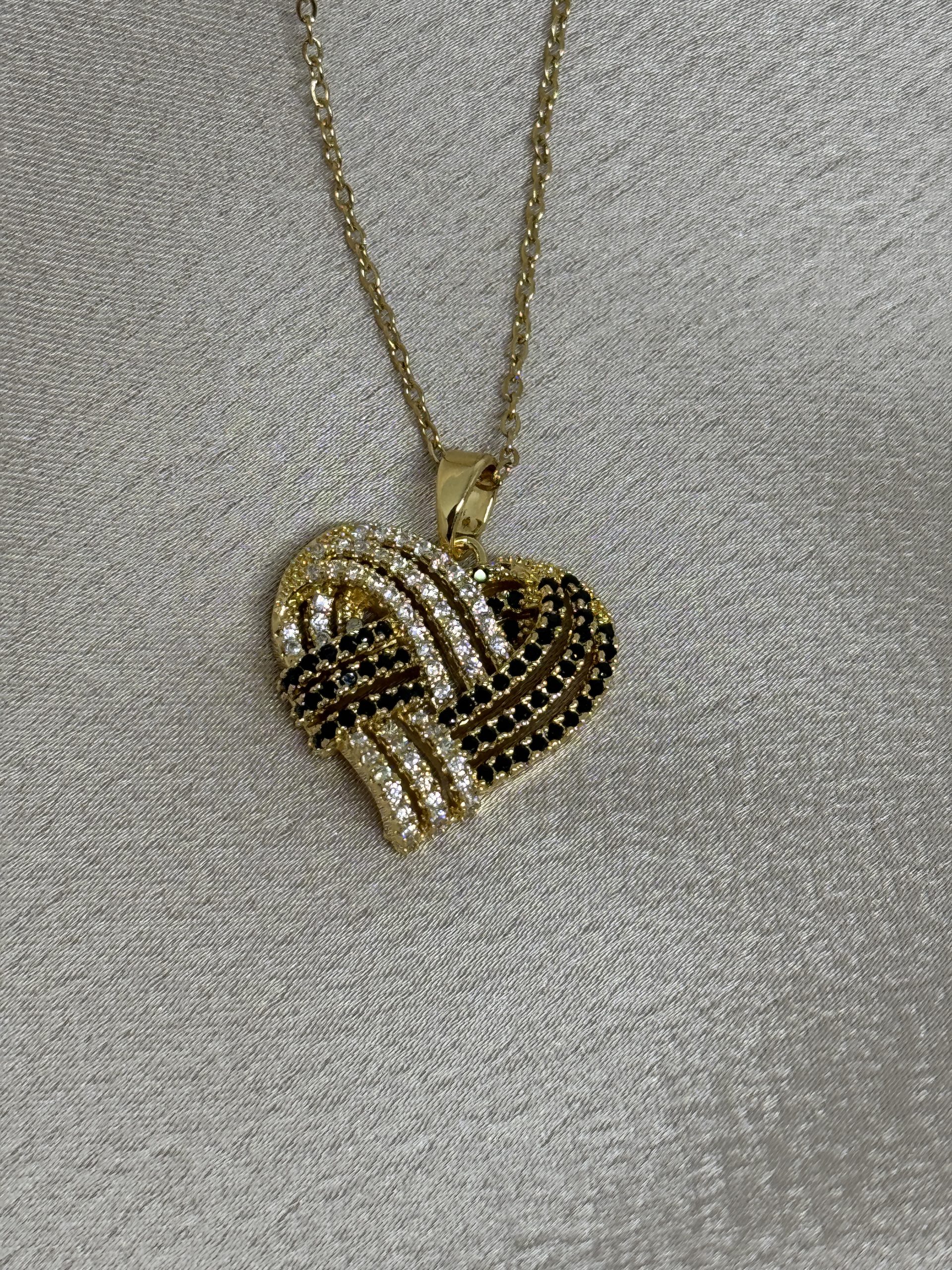 Golden Black Crystal Heart Ατσάλινο Κολιέ