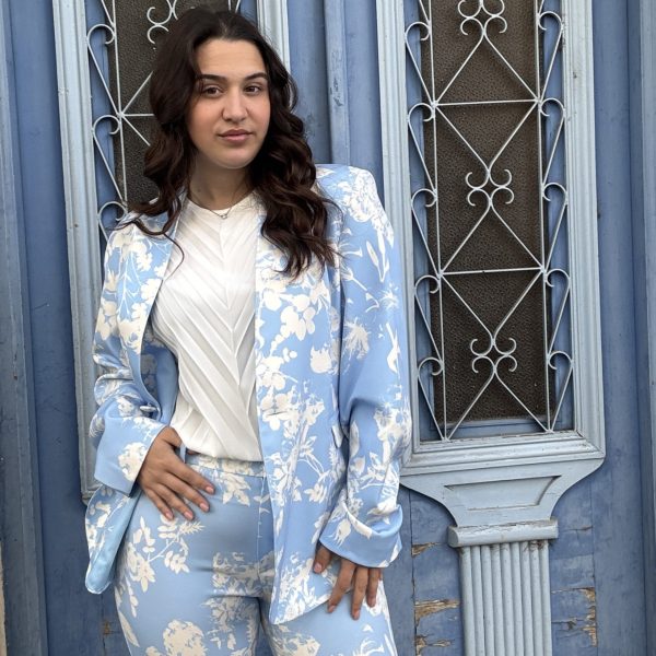 Γαλάζιο Σετ Σακάκι & Παντελόνι με Λευκό Floral Print