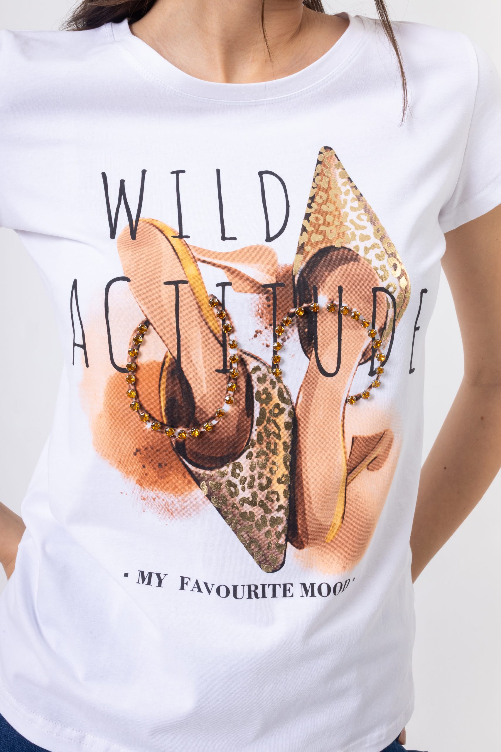 Λευκό T-Shirt με Print και Strass “Wild Attitude” - Image 3