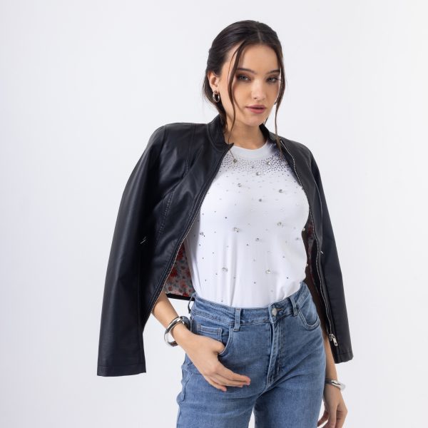 Jacket Δερματίνης με Φερμουάρ Μπεζ & Μαύρο