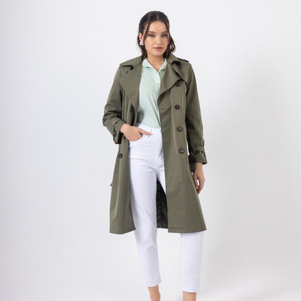 Χακί Καμπαρντίνα Trench Coat με Ζώνη