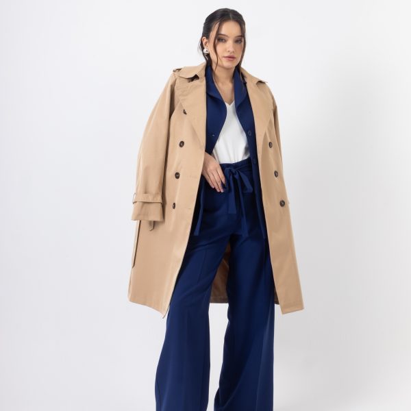 Μπεζ Καμπαρντίνα Trench Coat με Ζώνη