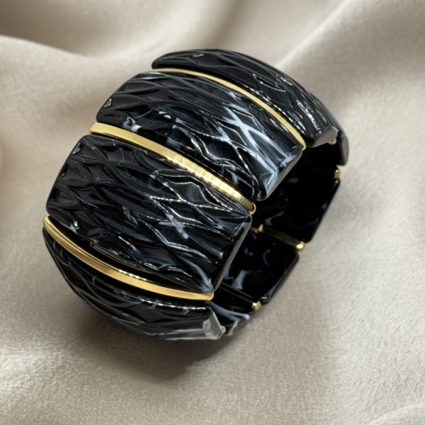 Ελαστικό Βραχιόλι Χειροπέδα Μαύρο με Χρυσές Λεπτομέρειες